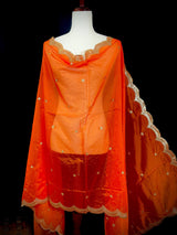 Orange Color Soft Organza Dupatta with Embroidery, Sequin and Zari on Borders with small buttis | Dupatta ships from Califonia