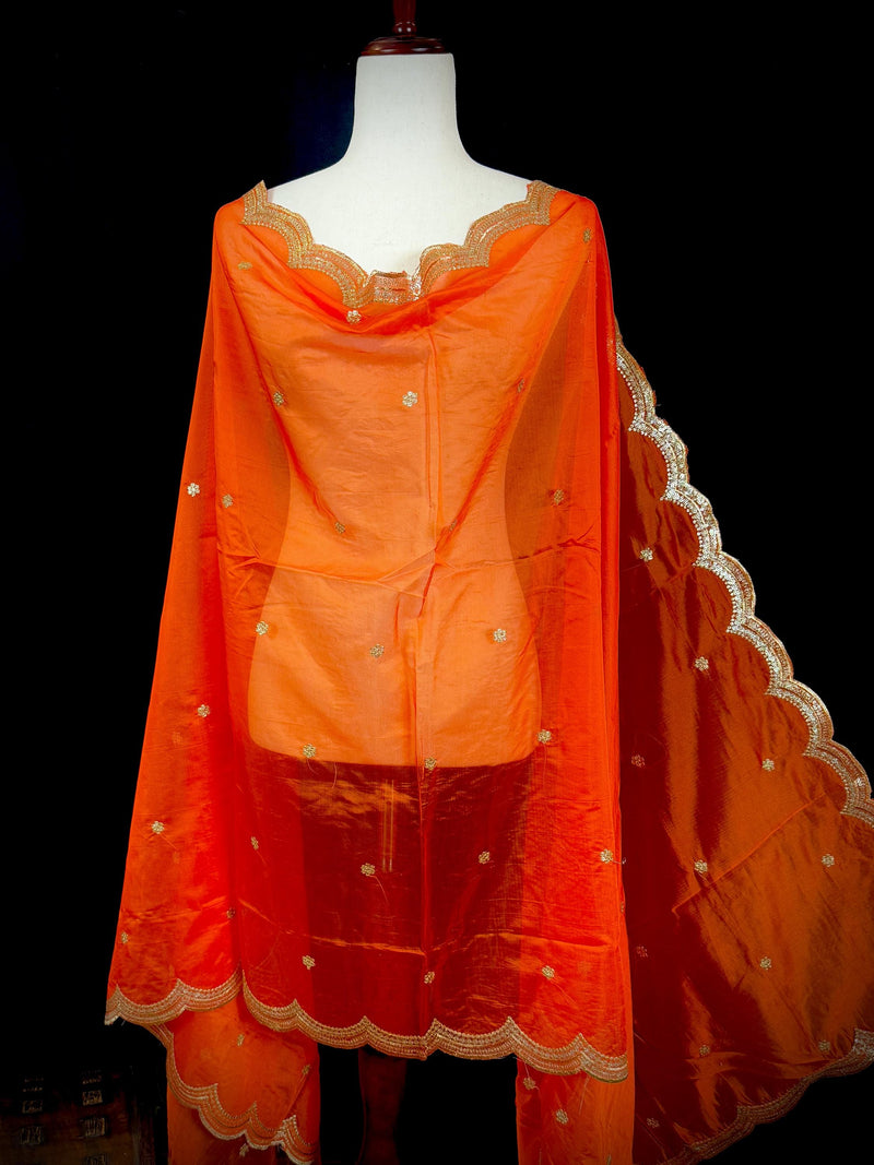 Orange Color Soft Organza Dupatta with Embroidery, Sequin and Zari on Borders with small buttis | Dupatta ships from Califonia