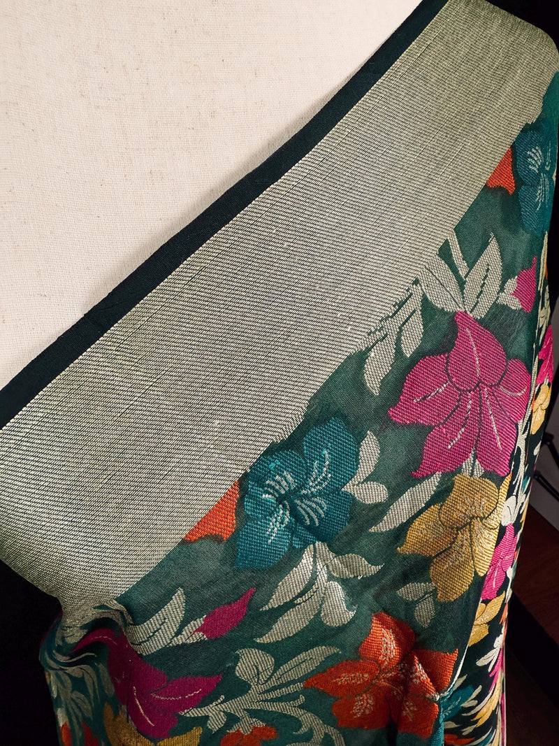 Green Color Benarasi Handwoven Cotton Silk Dupatta with Meenkari and Resham Weaving | Floral Jaal Dupatta | Dupatta for Lehanga Dupatta