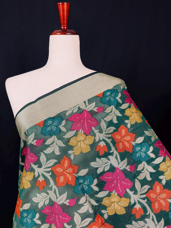 Green Color Benarasi Handwoven Cotton Silk Dupatta with Meenkari and Resham Weaving | Floral Jaal Dupatta | Dupatta for Lehanga Dupatta