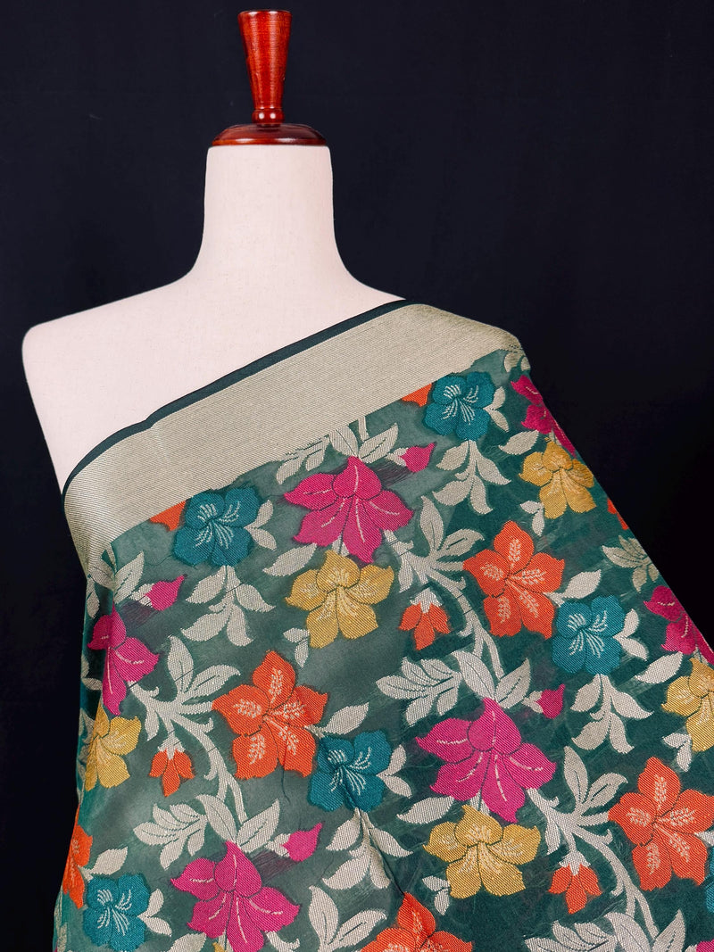 Green Color Benarasi Handwoven Cotton Silk Dupatta with Meenkari and Resham Weaving | Floral Jaal Dupatta | Dupatta for Lehanga Dupatta