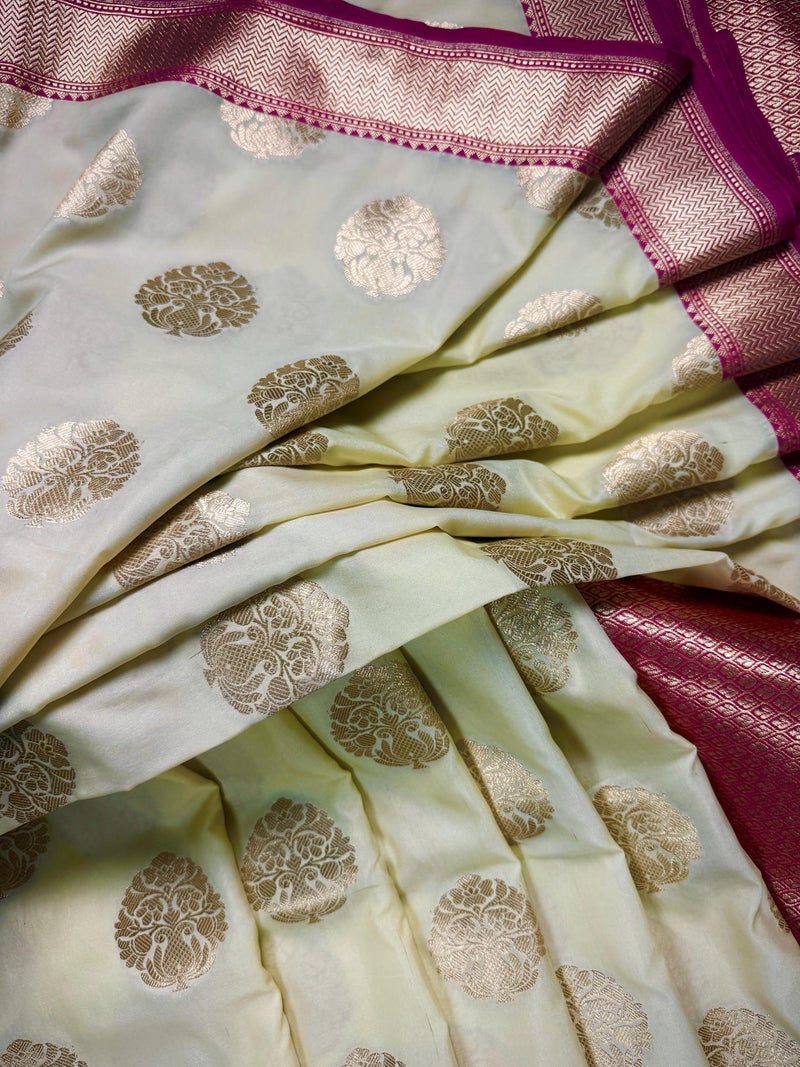 Cream Off White Color Traditional Banarasi Silk Handloom Saree Satin Patta Border in Pink Color  | Floral Saree