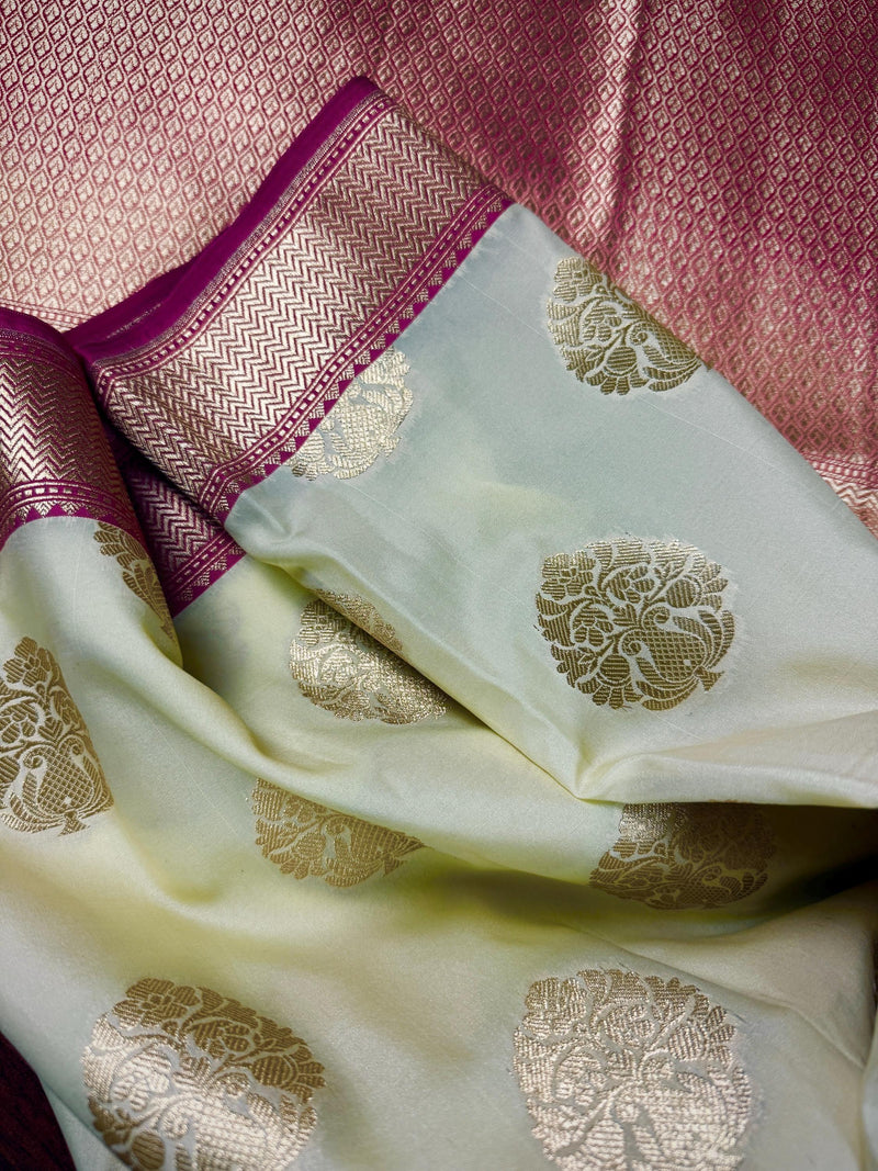 Cream Off White Color Traditional Banarasi Silk Handloom Saree Satin Patta Border in Pink Color  | Floral Saree