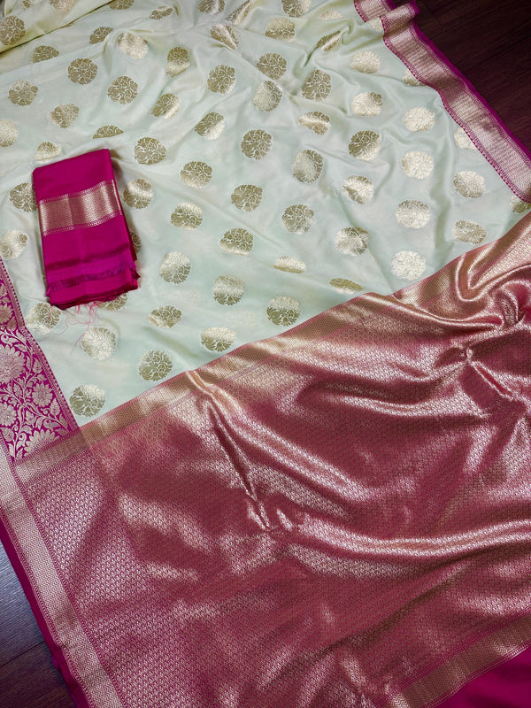 Cream Off White Color Traditional Banarasi Silk Handloom Saree Satin Patta Border in Pink Color  | Floral Saree