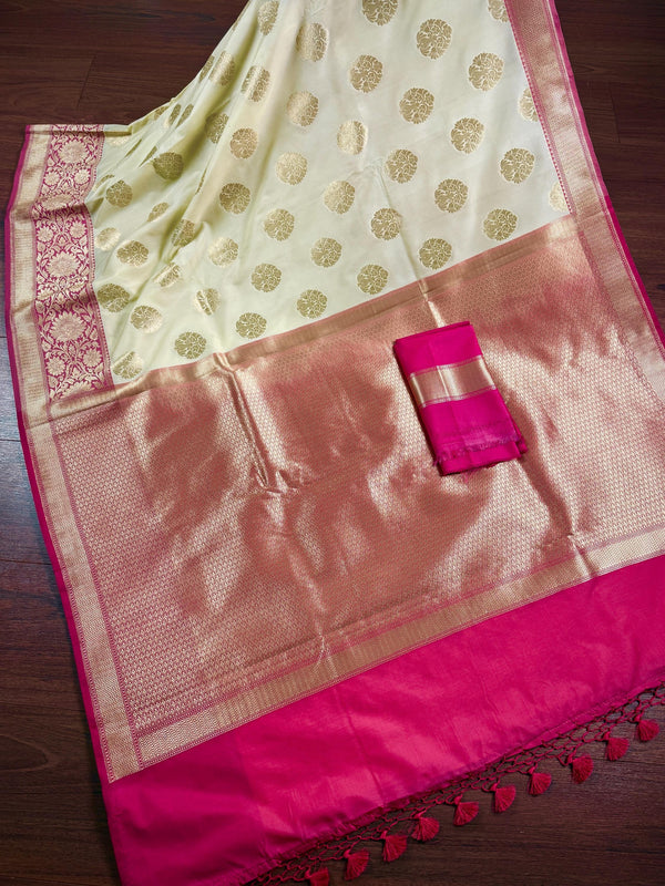Cream Off White Color Traditional Banarasi Silk Handloom Saree Satin Patta Border in Pink Color  | Floral Saree