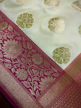 Cream Off White Color Traditional Banarasi Silk Handloom Saree Satin Patta Border in Pink Color  | Floral Saree