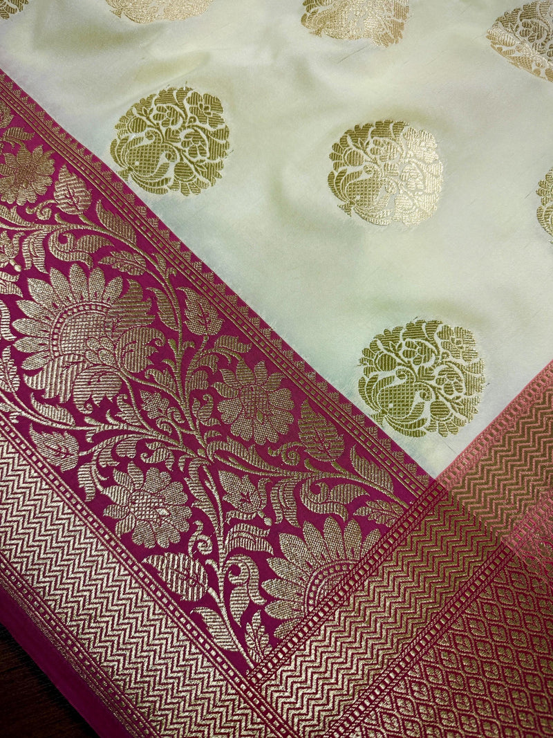 Cream Off White Color Traditional Banarasi Silk Handloom Saree Satin Patta Border in Pink Color  | Floral Saree