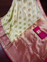 Cream Off White Color Traditional Banarasi Silk Handloom Saree Satin Patta Border in Pink Color  | Floral Saree