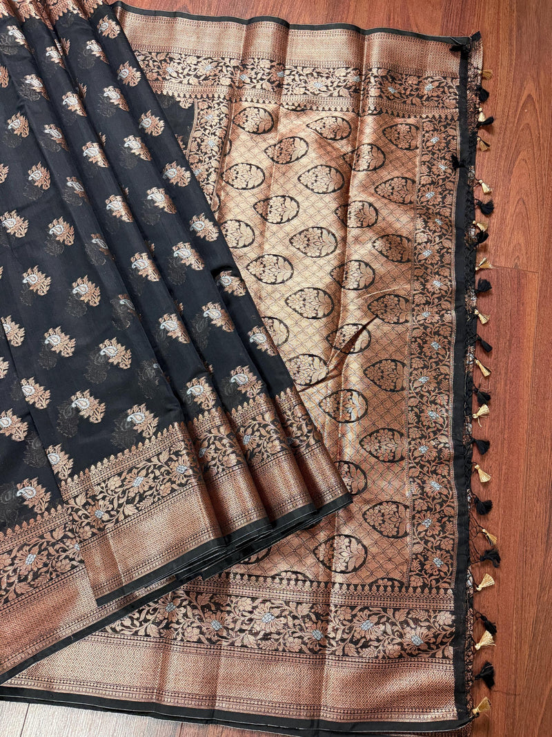 Statement Handmade Black Color Banarasi Cotton Silk Saree with Antique Zari Weave | Saree in USA | Black Color Saree | Ships from California