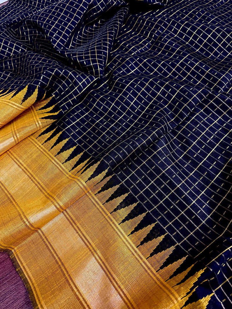 Black and Mustard Yellow Pure Raw Silk Saree with Temple Borders with Checks | Handwoven Saree | SILK MARK CERTIFIED