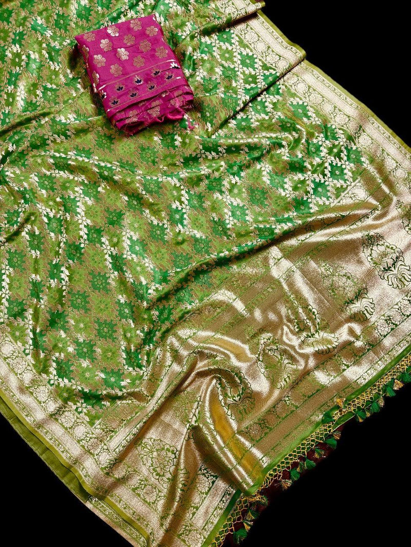 Dual Shade of Green Saree in  Banarasi Butter Soft Silk in Muted Gold Zari with Floral Design in Bandhej Pattern with Contrast Blouse
