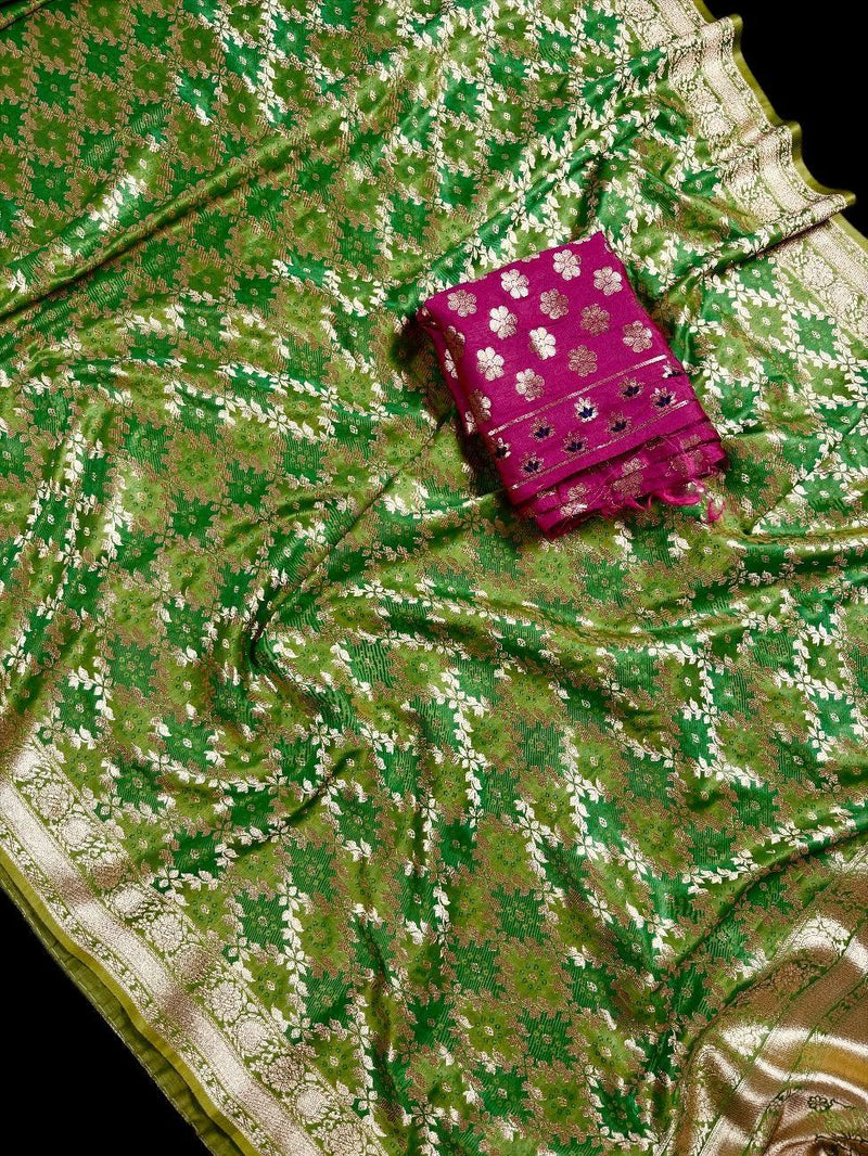 Dual Shade of Green Saree in  Banarasi Butter Soft Silk in Muted Gold Zari with Floral Design in Bandhej Pattern with Contrast Blouse