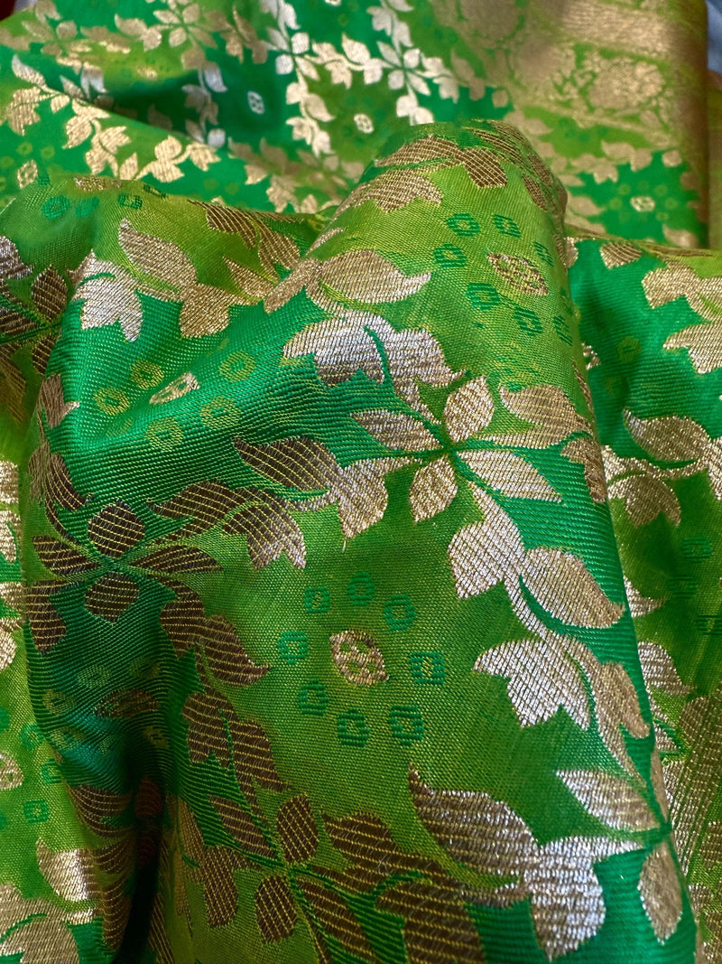 Dual Shade of Green Saree in  Banarasi Butter Soft Silk in Muted Gold Zari with Floral Design in Bandhej Pattern with Contrast Blouse