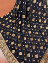 Statement Black Color Banarasi Semi Chiffon Georgette Silk Saree with Muted Gold Sliver Zari Weave | Floral Pattern | Ships from California