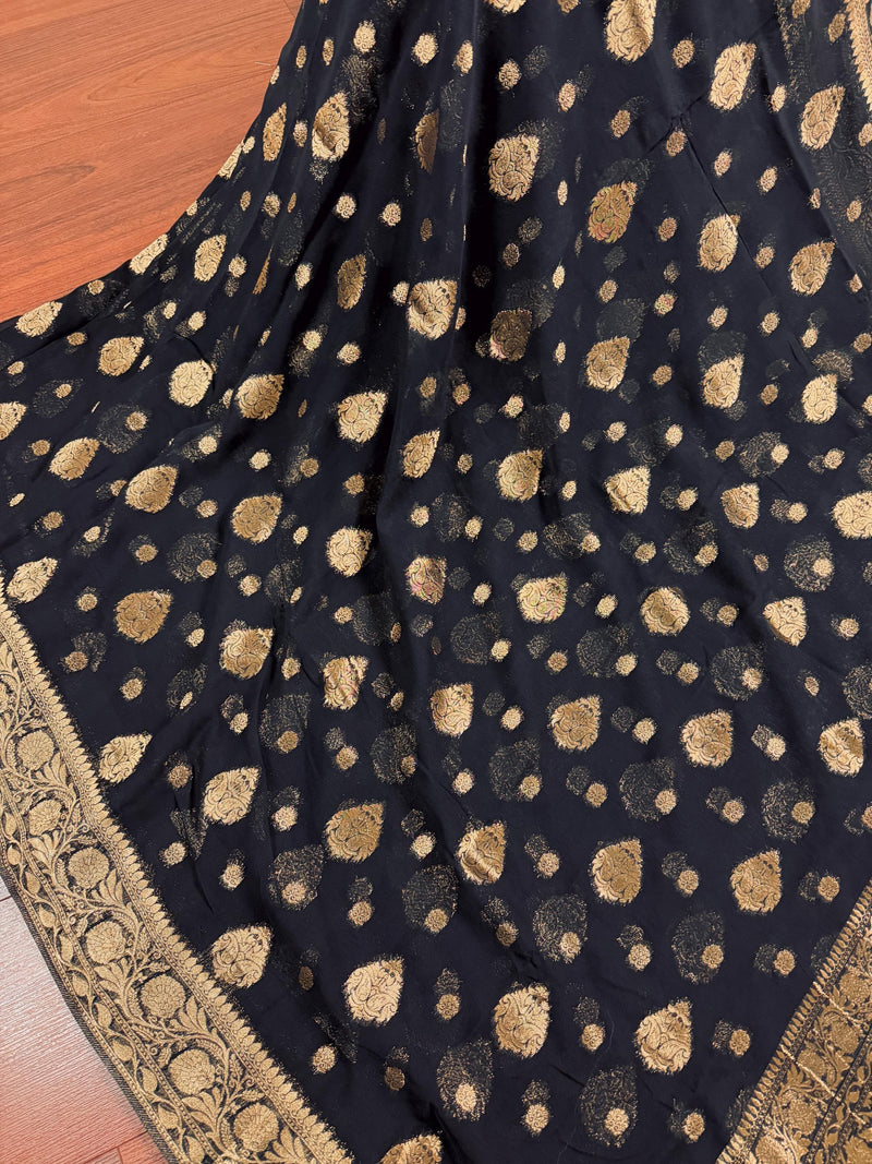 Statement Black Color Banarasi Semi Chiffon Georgette Silk Saree with Muted Gold Sliver Zari Weave | Floral Pattern | Ships from California
