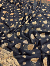 Statement Black Color Banarasi Semi Chiffon Georgette Silk Saree with Muted Gold Sliver Zari Weave | Floral Pattern | Ships from California