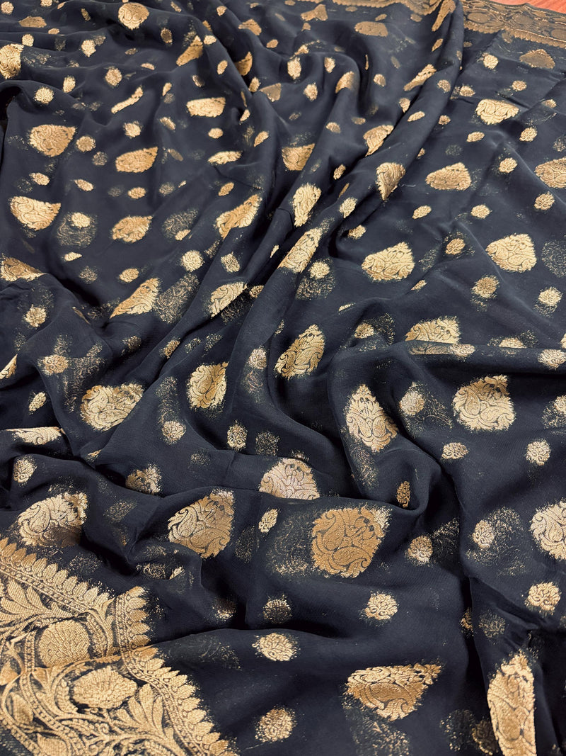 Statement Black Color Banarasi Semi Chiffon Georgette Silk Saree with Muted Gold Sliver Zari Weave | Floral Pattern | Ships from California