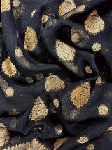Statement Black Color Banarasi Semi Chiffon Georgette Silk Saree with Muted Gold Sliver Zari Weave | Floral Pattern | Ships from California