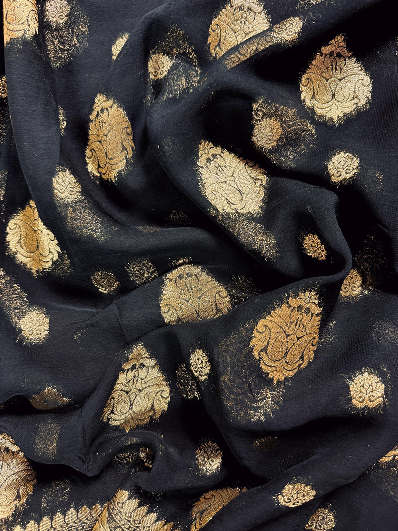 Statement Black Color Banarasi Semi Chiffon Georgette Silk Saree with Muted Gold Sliver Zari Weave | Floral Pattern | Ships from California