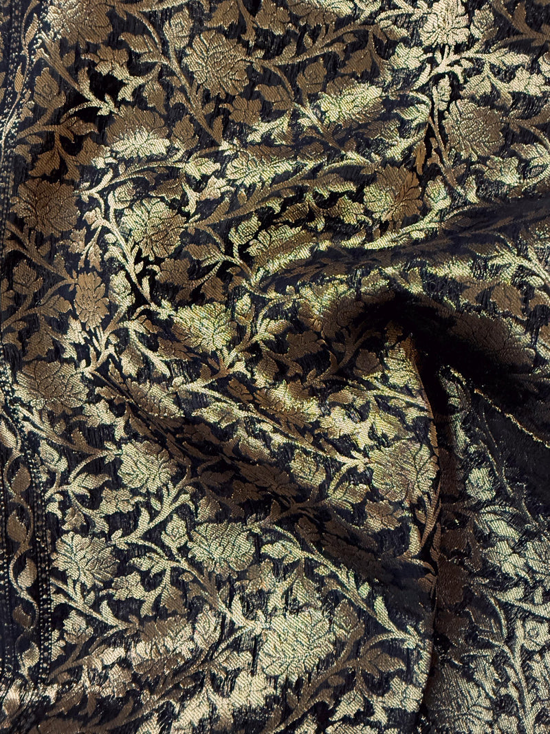 Statement Black Color Banarasi Semi Chiffon Georgette Silk Saree with Muted Gold Sliver Zari Weave | Floral Pattern | Ships from California