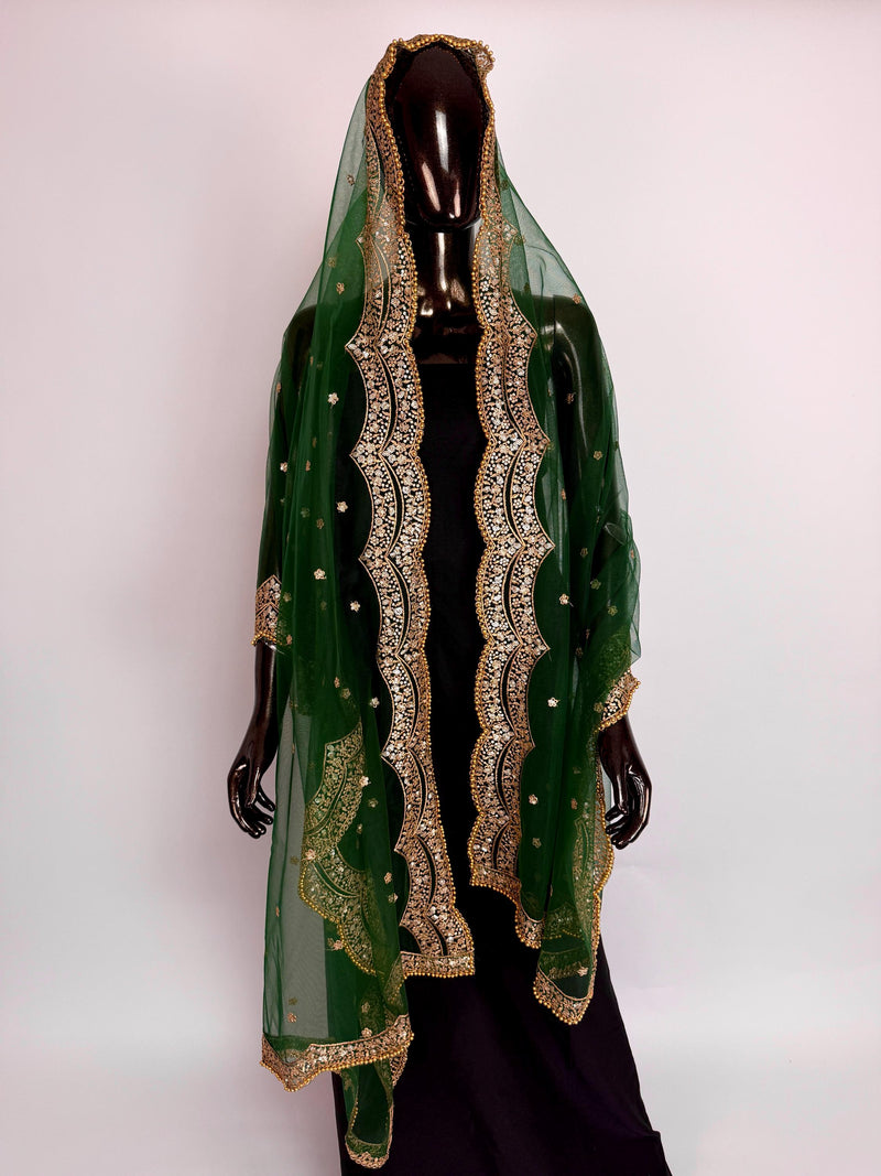 Bottle Green Color Net Dupatta with Gold Zari, Sequin and Bead  | Sequin Dupatta | Indian Dupatta for Lehanga | Weddding, Party Wear Dupatta