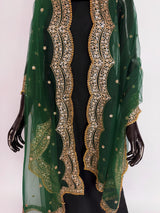 Bottle Green Color Net Dupatta with Gold Zari, Sequin and Bead  | Sequin Dupatta | Indian Dupatta for Lehanga | Weddding, Party Wear Dupatta