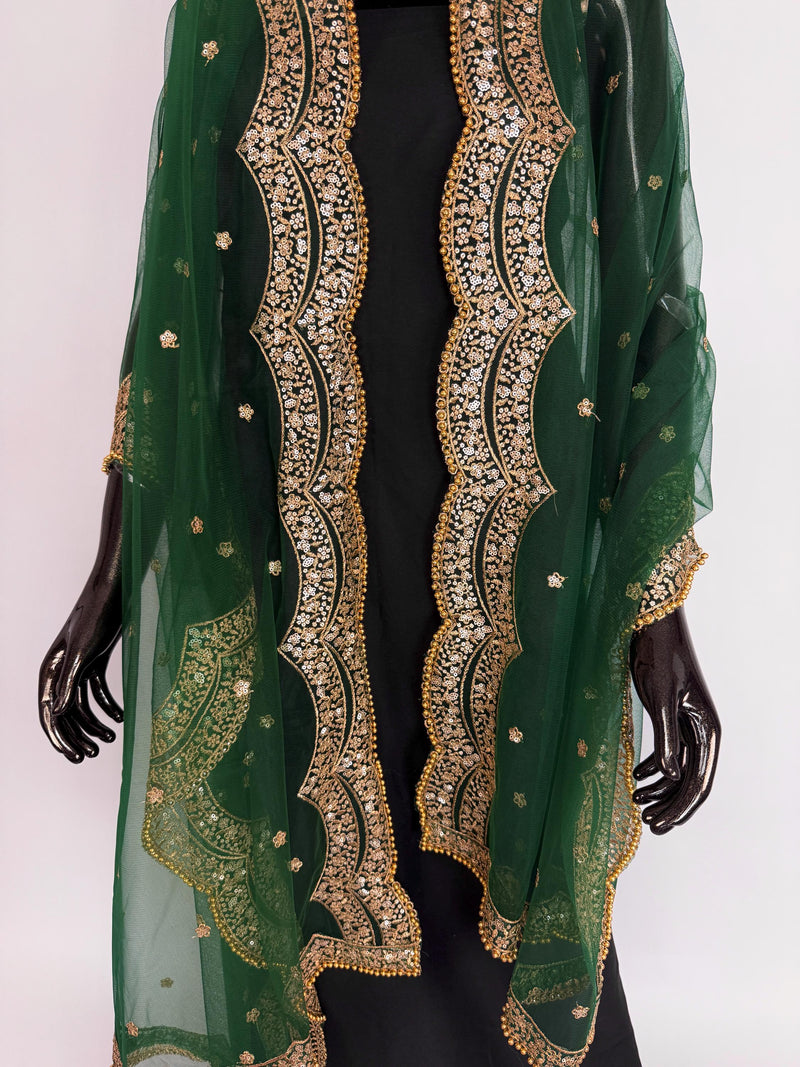 Bottle Green Color Net Dupatta with Gold Zari, Sequin and Bead  | Sequin Dupatta | Indian Dupatta for Lehanga | Weddding, Party Wear Dupatta
