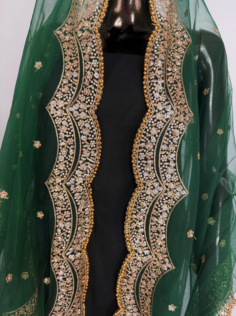 Bottle Green Color Net Dupatta with Gold Zari, Sequin and Bead  | Sequin Dupatta | Indian Dupatta for Lehanga | Weddding, Party Wear Dupatta