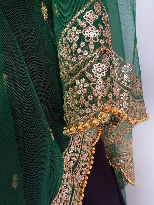 Bottle Green Color Net Dupatta with Gold Zari, Sequin and Bead  | Sequin Dupatta | Indian Dupatta for Lehanga | Weddding, Party Wear Dupatta