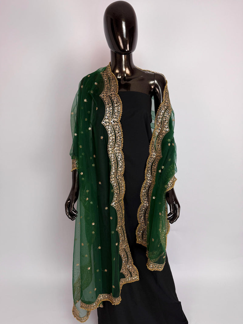 Bottle Green Color Net Dupatta with Gold Zari, Sequin and Bead  | Sequin Dupatta | Indian Dupatta for Lehanga | Weddding, Party Wear Dupatta