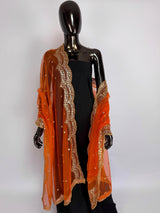 Orange Color Net Dupatta with Gold Zari, Sequin and Bead  | Sequin Dupatta | Indian Dupatta for Lehanga | Weddding, Party Wear Dupatta