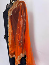 Orange Color Net Dupatta with Gold Zari, Sequin and Bead  | Sequin Dupatta | Indian Dupatta for Lehanga | Weddding, Party Wear Dupatta