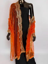 Orange Color Net Dupatta with Gold Zari, Sequin and Bead  | Sequin Dupatta | Indian Dupatta for Lehanga | Weddding, Party Wear Dupatta