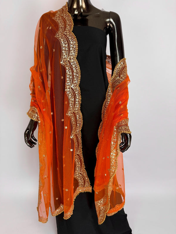Orange Color Net Dupatta with Gold Zari, Sequin and Bead  | Sequin Dupatta | Indian Dupatta for Lehanga | Weddding, Party Wear Dupatta