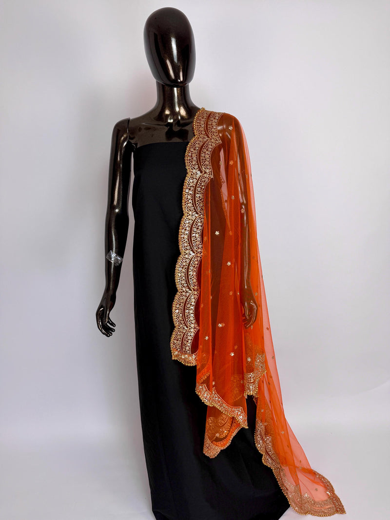 Orange Color Net Dupatta with Gold Zari, Sequin and Bead  | Sequin Dupatta | Indian Dupatta for Lehanga | Weddding, Party Wear Dupatta