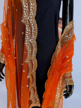 Orange Color Net Dupatta with Gold Zari, Sequin and Bead  | Sequin Dupatta | Indian Dupatta for Lehanga | Weddding, Party Wear Dupatta