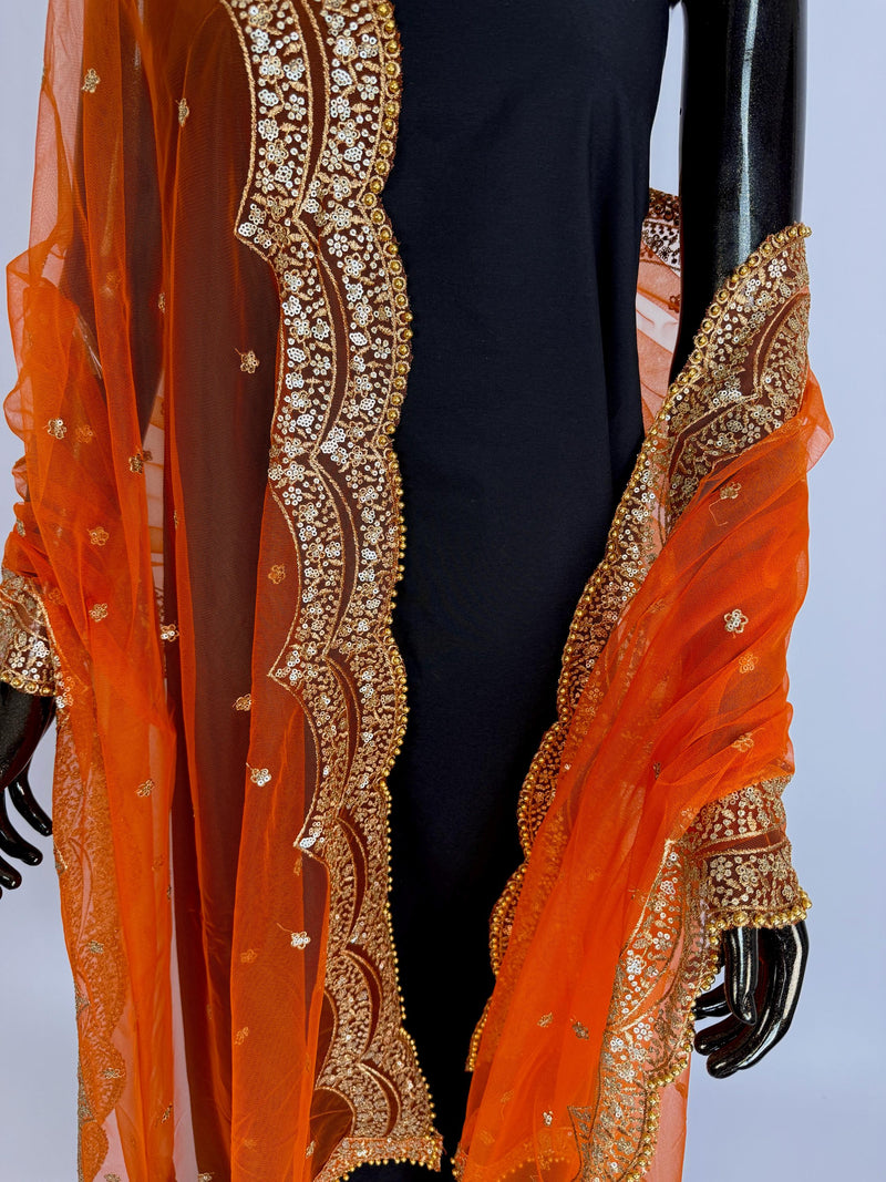 Orange Color Net Dupatta with Gold Zari, Sequin and Bead  | Sequin Dupatta | Indian Dupatta for Lehanga | Weddding, Party Wear Dupatta