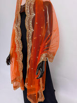 Orange Color Net Dupatta with Gold Zari, Sequin and Bead  | Sequin Dupatta | Indian Dupatta for Lehanga | Weddding, Party Wear Dupatta