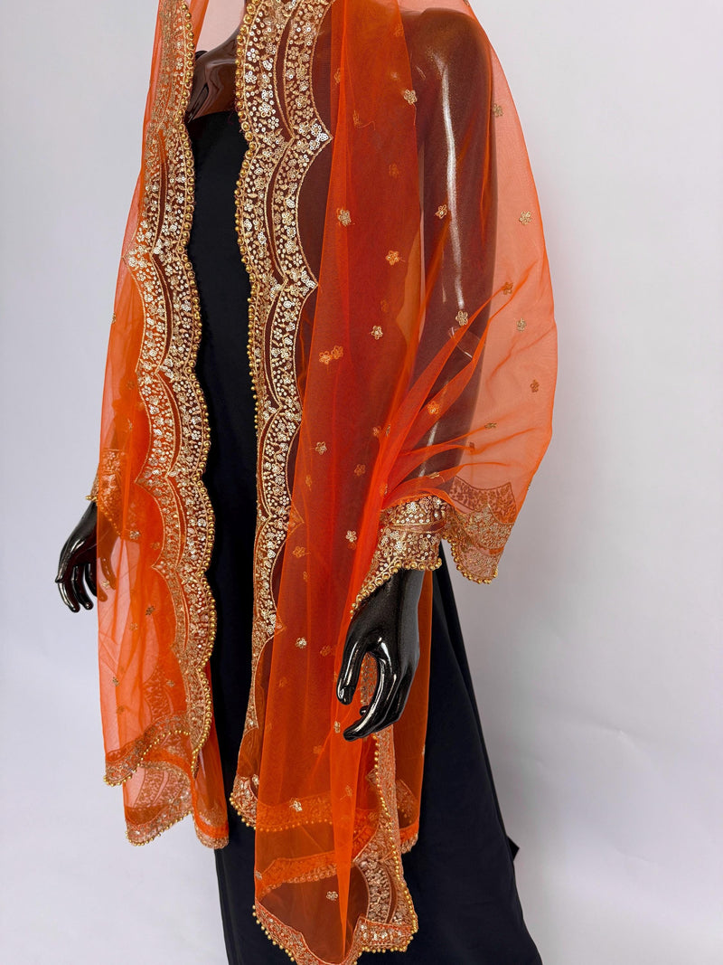 Orange Color Net Dupatta with Gold Zari, Sequin and Bead  | Sequin Dupatta | Indian Dupatta for Lehanga | Weddding, Party Wear Dupatta
