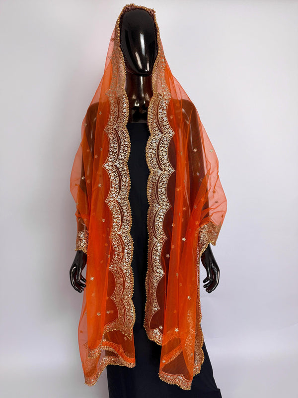 Orange Color Net Dupatta with Gold Zari, Sequin and Bead  | Sequin Dupatta | Indian Dupatta for Lehanga | Weddding, Party Wear Dupatta