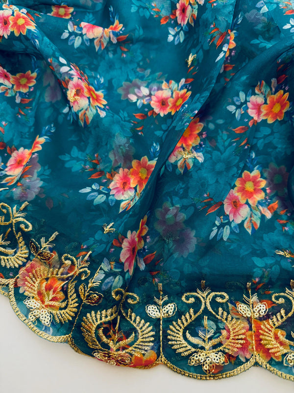 Teal Color Soft Organza Dupatta with Embroidery, Sequin and Zari with Floral Digital Prints | Teal Color Dupatta | Floral Organza Dupatta