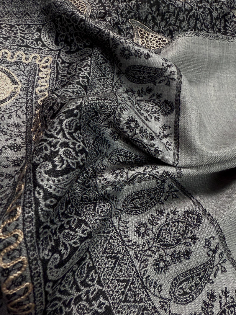 Grey Color Soft Pashmina Shawls with Resham Aari Work | Light Weight Shawls | Kashmiri Pashmina Shawls | Ships from California