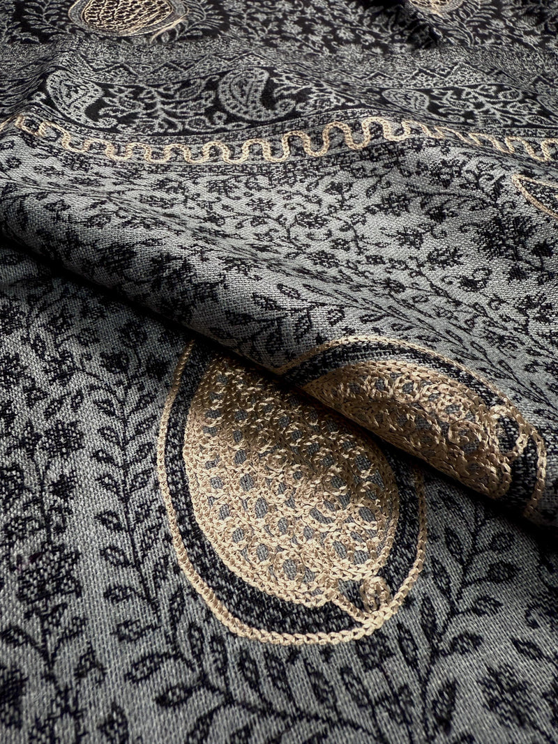 Grey Color Soft Pashmina Shawls with Resham Aari Work | Light Weight Shawls | Kashmiri Pashmina Shawls | Ships from California