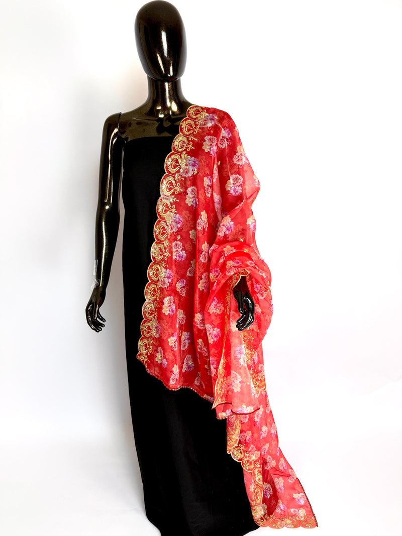Peach Color Soft Organza Dupatta with Embroidery, Sequin and Zari with Floral Digital Prints | Peach Color Dupatta | Floral Organza Dupatta