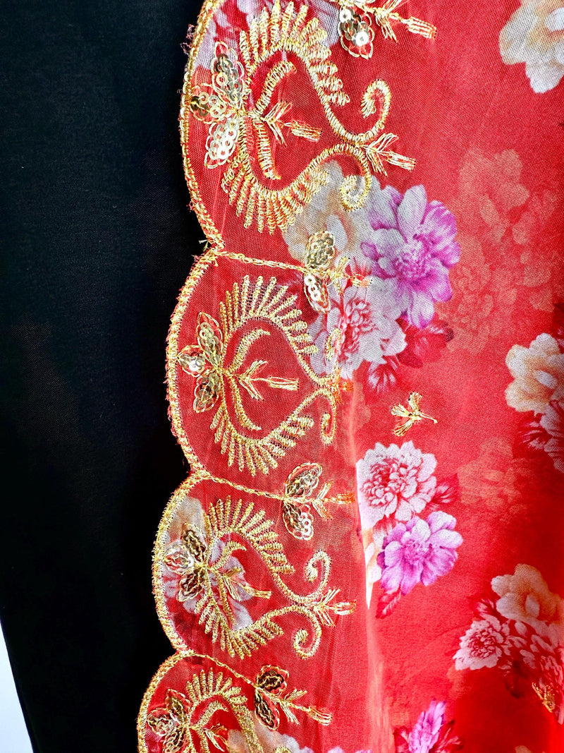 Peach Color Soft Organza Dupatta with Embroidery, Sequin and Zari with Floral Digital Prints | Peach Color Dupatta | Floral Organza Dupatta
