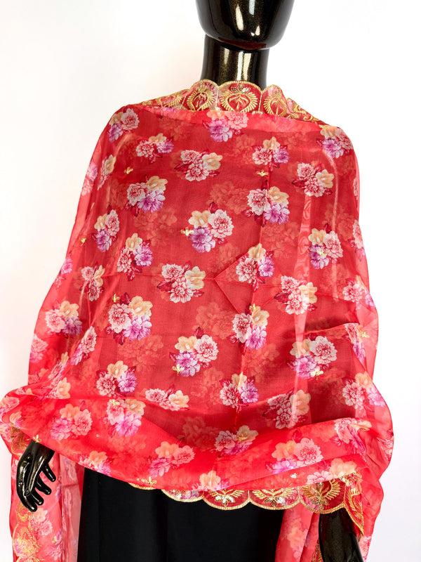 Peach Color Soft Organza Dupatta with Embroidery, Sequin and Zari with Floral Digital Prints | Peach Color Dupatta | Floral Organza Dupatta