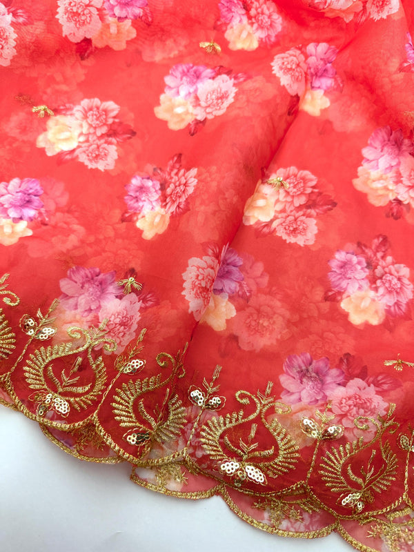 Peach Color Soft Organza Dupatta with Embroidery, Sequin and Zari with Floral Digital Prints | Peach Color Dupatta | Floral Organza Dupatta
