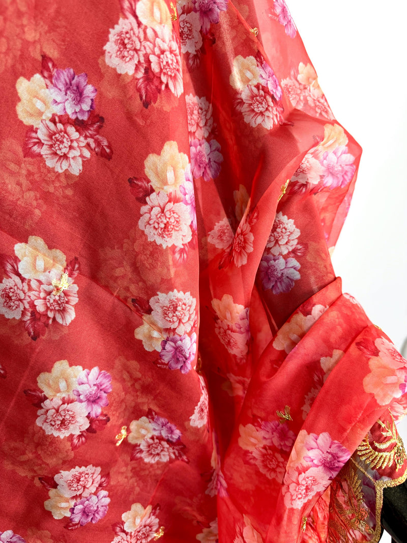 Peach Color Soft Organza Dupatta with Embroidery, Sequin and Zari with Floral Digital Prints | Peach Color Dupatta | Floral Organza Dupatta