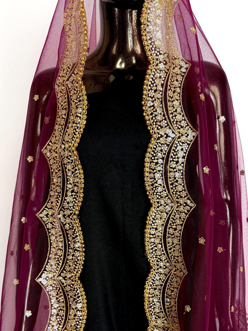 Wine Color Net Dupatta with Gold Zari, Sequin and Bead  | Sequin Dupatta | Indian Dupatta for Lehanga | Weddding, Party Wear Dupatta