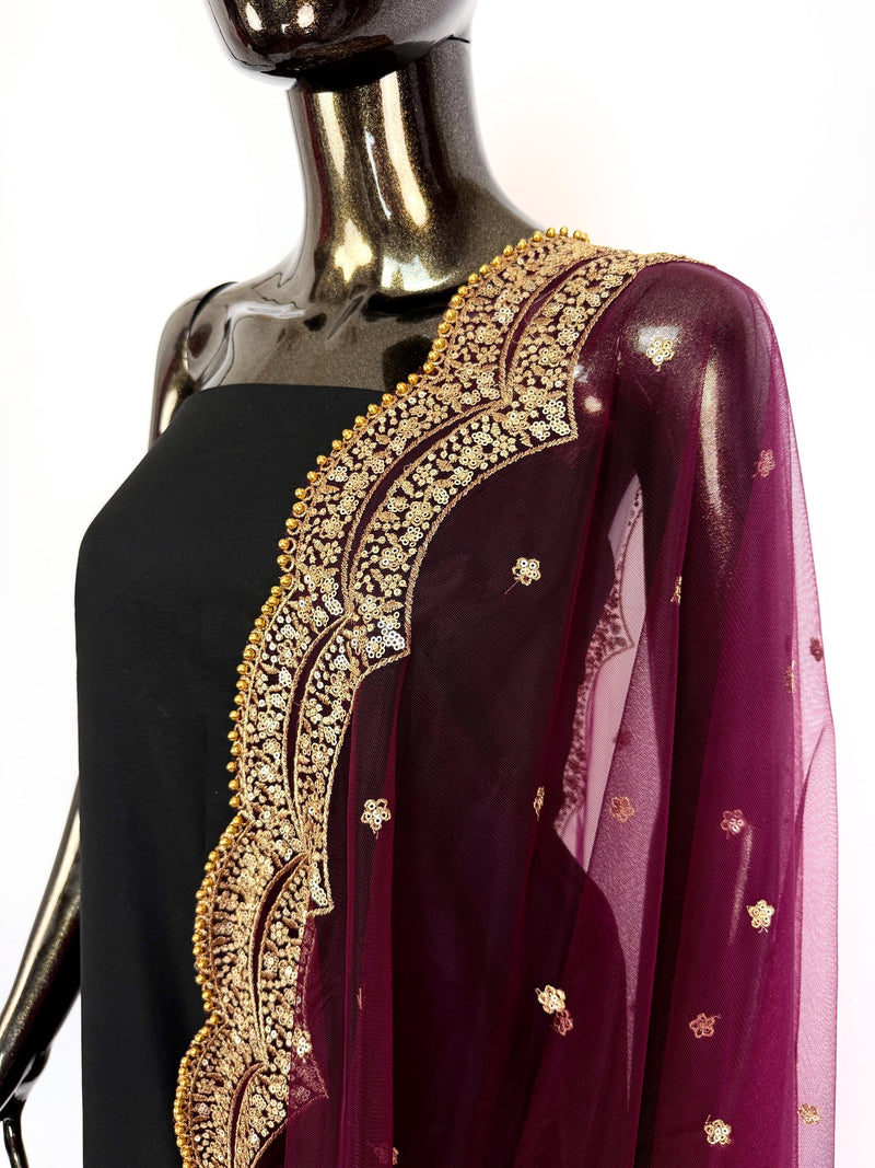 Wine Color Net Dupatta with Gold Zari, Sequin and Bead  | Sequin Dupatta | Indian Dupatta for Lehanga | Weddding, Party Wear Dupatta